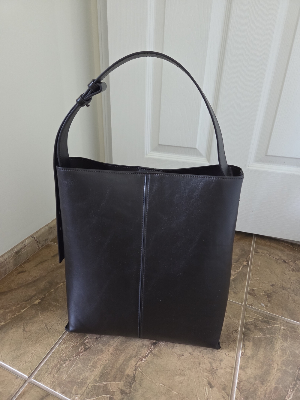 Minimalist Dark Brown leather bucket bag